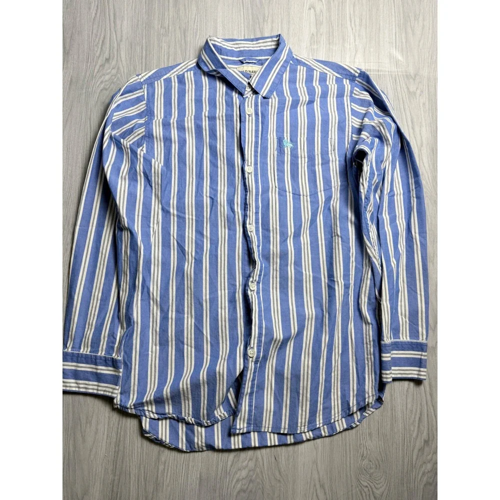 Old Navy Boys XL Blue White Striped Long Sleeve Button Down Shirt Lion
